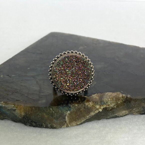 Sterling Silver 925 FD Felecia Designs Round Titanium Aura Druzy Ring Size 7 - Picture 3 of 16
